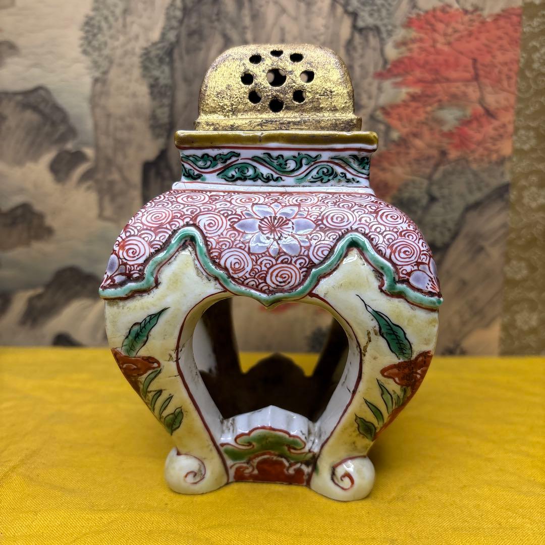 古色絵牡丹紋香炉　金蓋？鍍金？ 時代箱