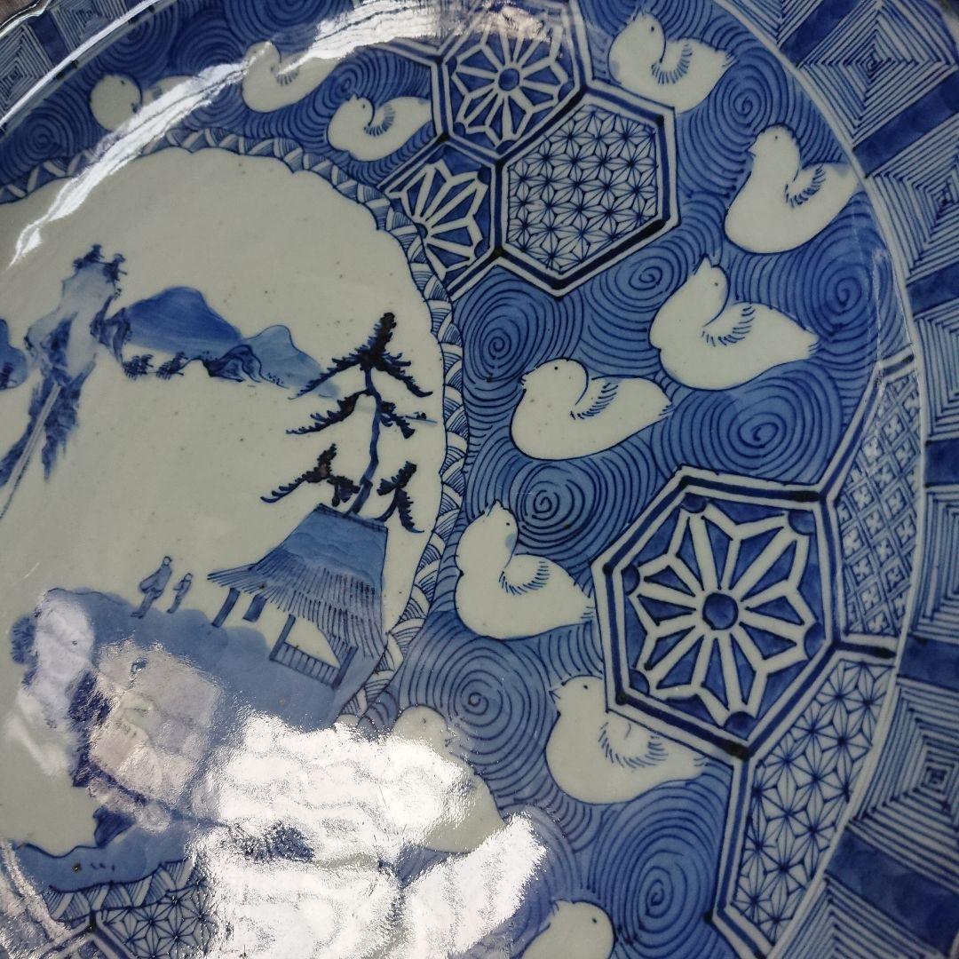 江戸 ふっくら千鳥 骨董 古伊万里 染付 大皿 輪花 アンティーク 皿 /印判