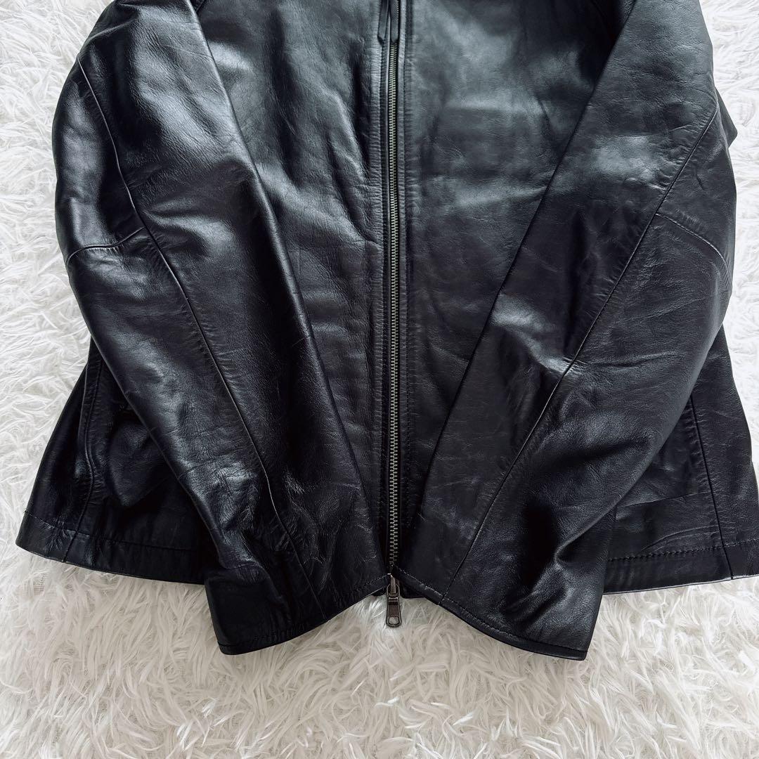 【BEAUTY&YOUTH】ノーカラー シングルライダース 牛革 ブラック XL