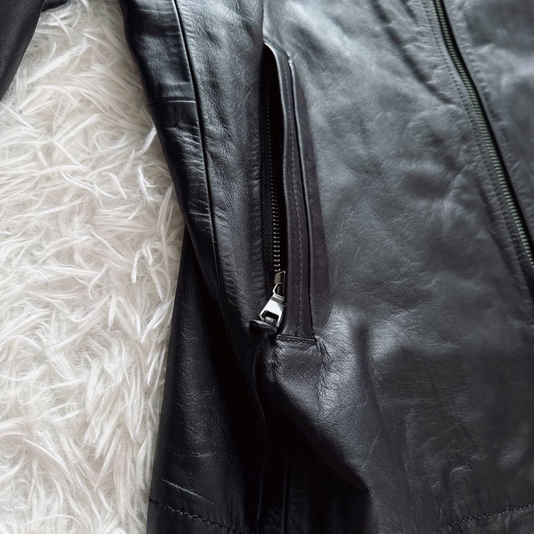 【BEAUTY&YOUTH】ノーカラー シングルライダース 牛革 ブラック XL