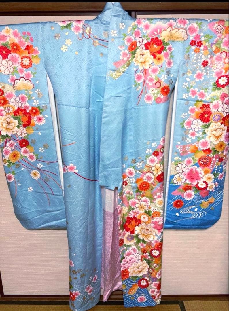 天色 牡丹 花々 振袖 身丈157