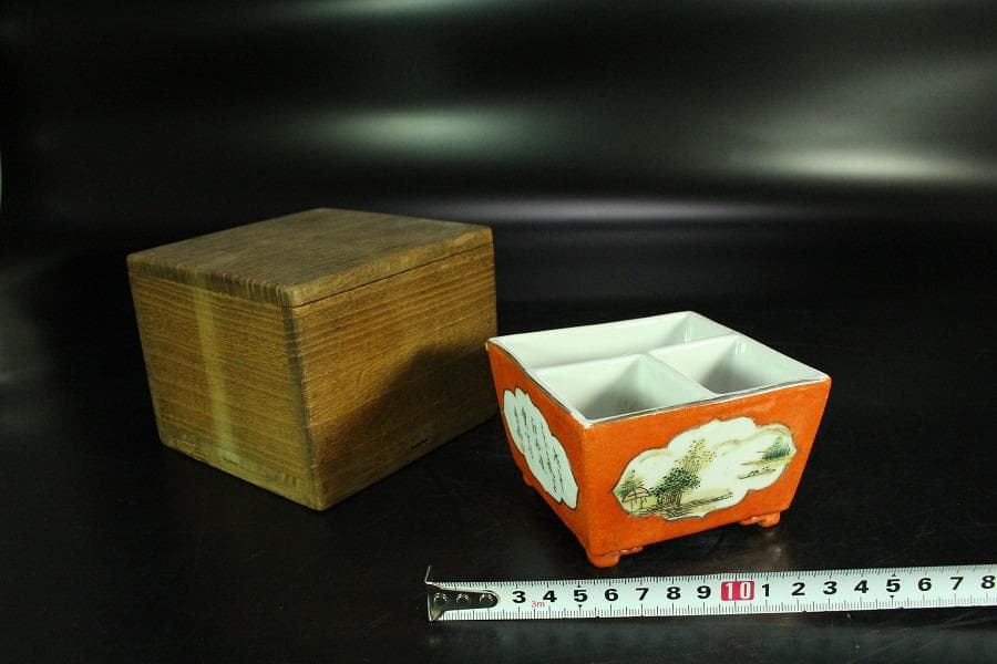 中国美術 色絵山水画 文房具 器 時代物(K-A865)