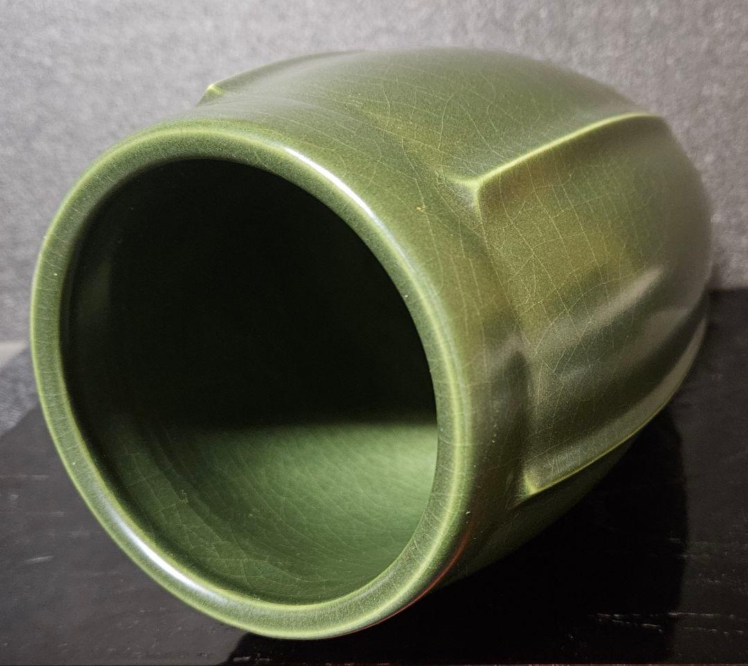 日展参与】京焼 清水焼 平安　宮下善寿 善壽 造　青緑釉　六稜文　花瓶　茶道華道