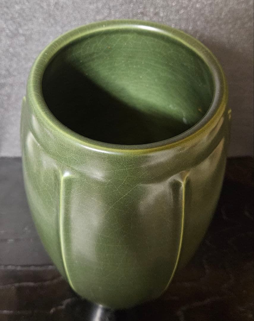 日展参与】京焼 清水焼 平安　宮下善寿 善壽 造　青緑釉　六稜文　花瓶　茶道華道