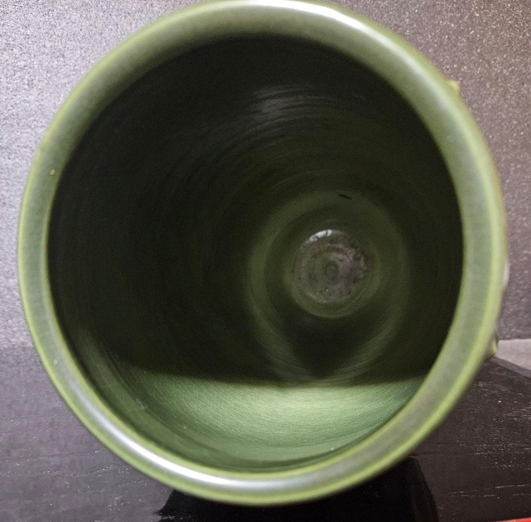 日展参与】京焼 清水焼 平安　宮下善寿 善壽 造　青緑釉　六稜文　花瓶　茶道華道