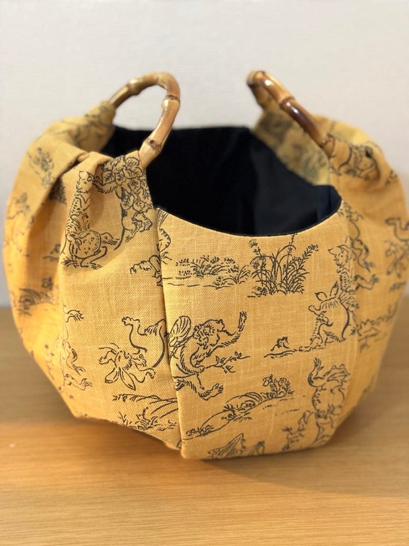 和装バック　着物バック和柄コットン生地・鳥獣戯画（からし色）入学卒業結婚式振袖