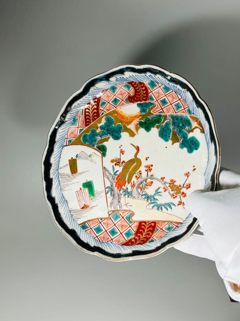 古伊万里　色絵　金襴手　松竹梅　鶴　輪花　七寸皿　5枚　21.5㎝　窓絵　帆舟