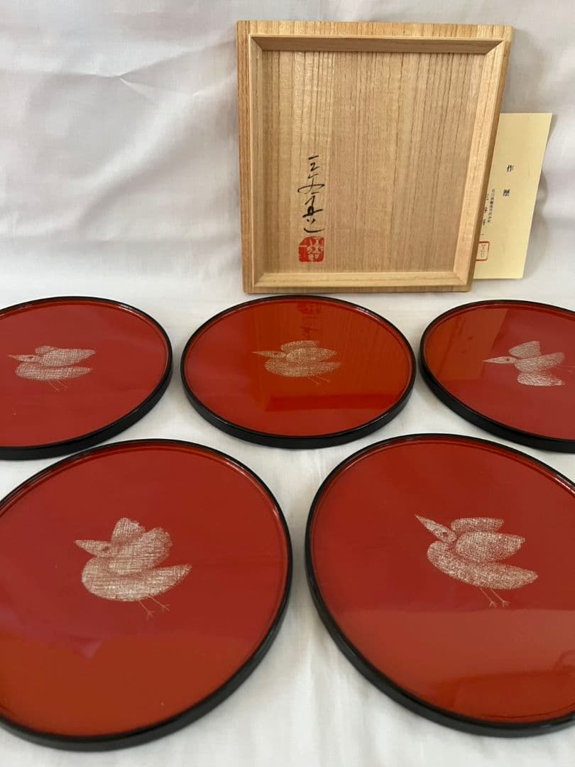 とり 沈金 銘々皿 文化功労者 三谷吾一 (輪島塗)