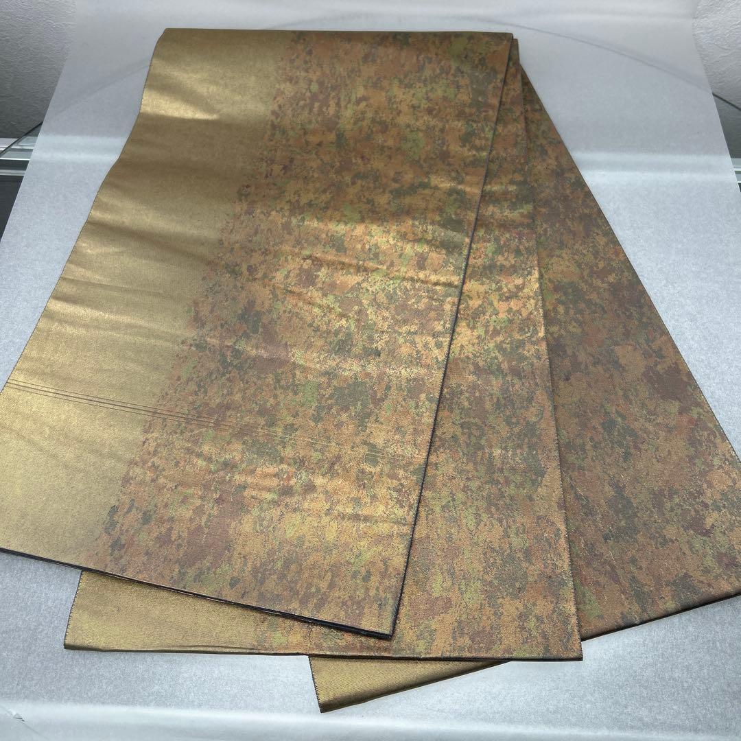 【本金箔 金泥箔】シルク製 六通柄袋帯 金色と茶色のグラデーション0105