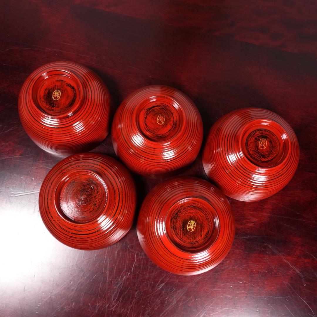 山中塗 喜八作 朱塗 内黒塗 見返結び松蒔絵 吸物椀 5客 共箱