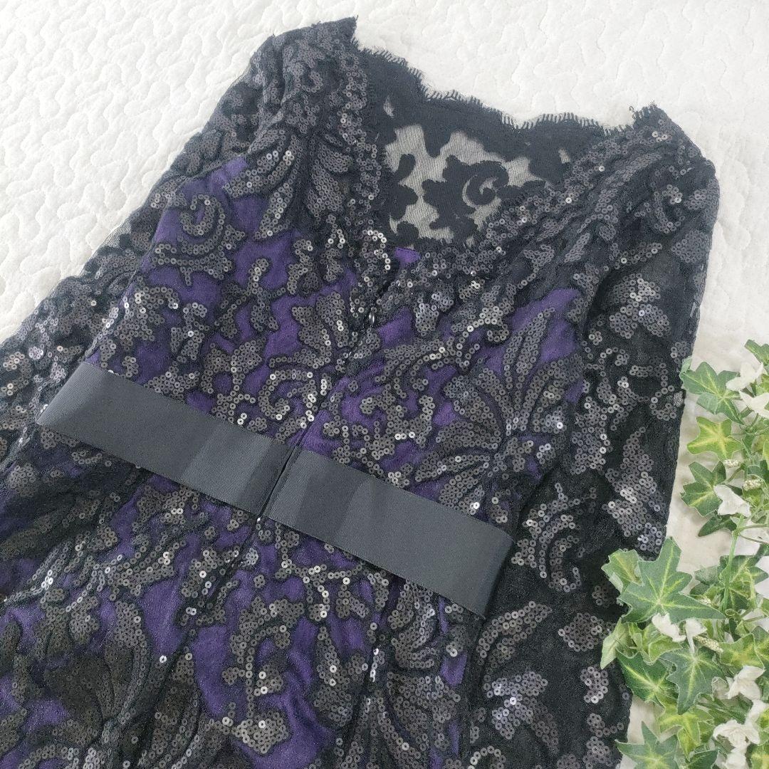 美品✨タダシショージ　レース×スパンコール　ワンピースドレス　ベルト　黒×紫