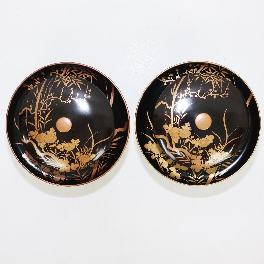 四君子蒔絵 黒腰高茶台 漆 一対　共箱 天目台 黒塗