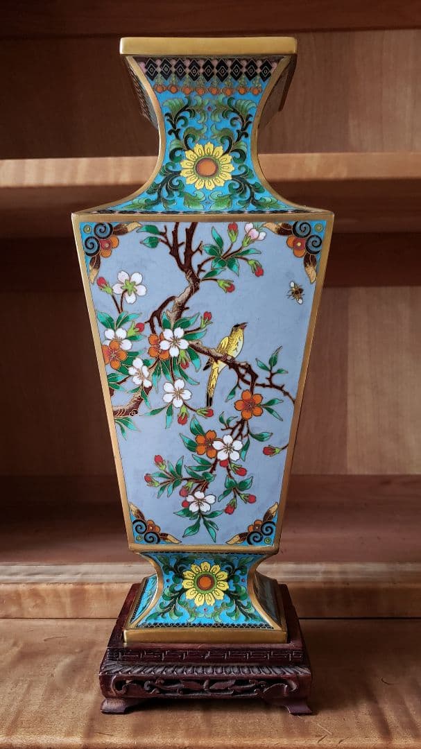 七宝 花瓶 花鳥図 台座付