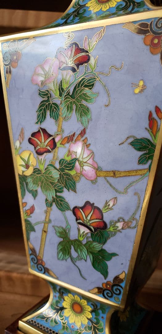 七宝 花瓶 花鳥図 台座付