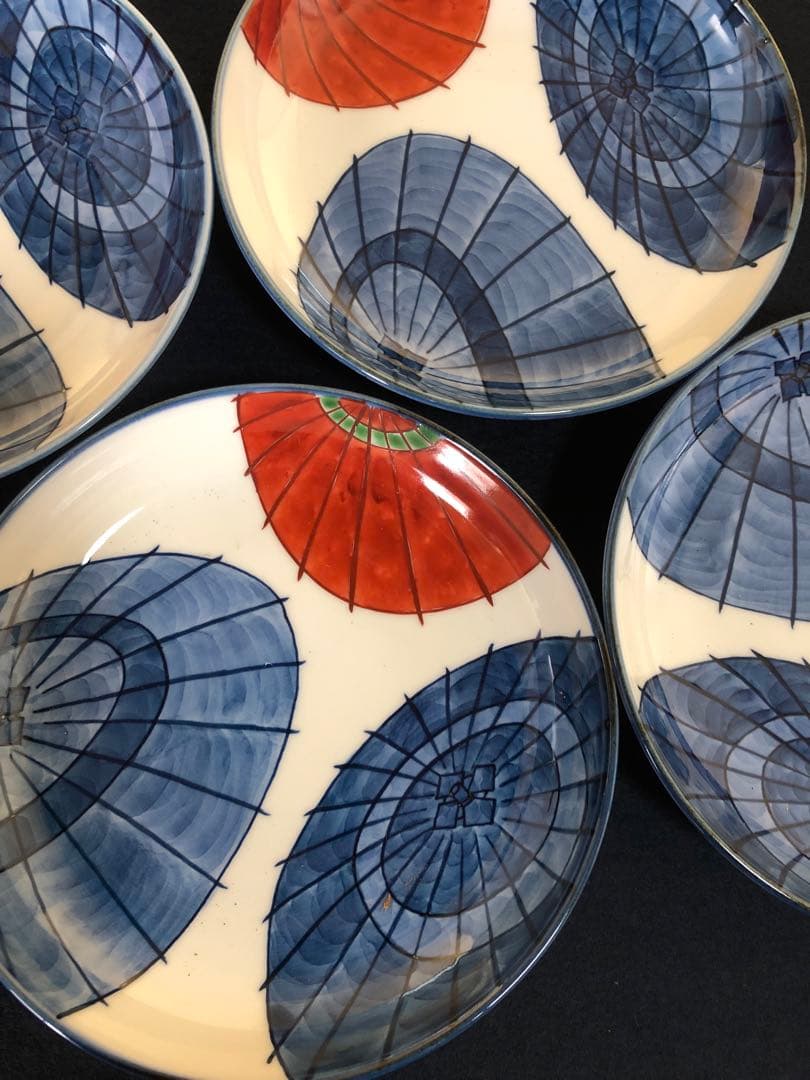 《R》有田焼 染錦 傘絵 皿4客 源右衛門作 共箱　251204お3