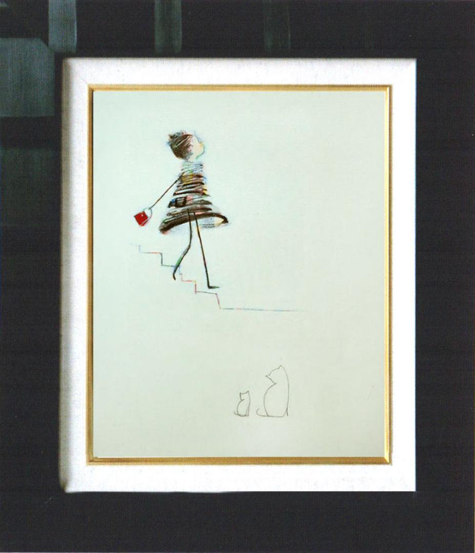 油絵 菅家令子 絵 絵画インテリア額付(黒) F4-040214 白猫親子女の子