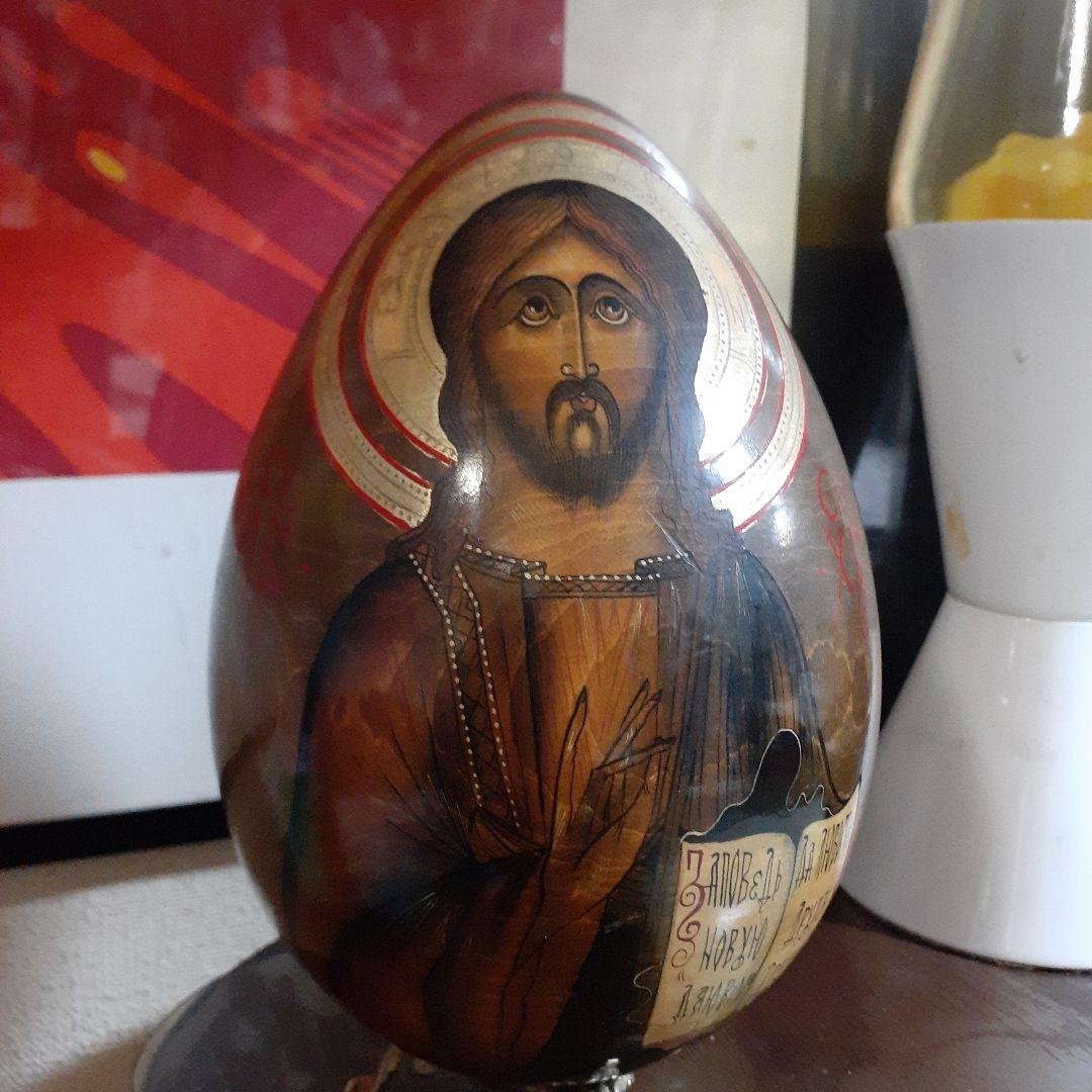 ビンテージ　キリスト様　イースターエッグ　木製アイコン　卵型　ミッドセンチュリー