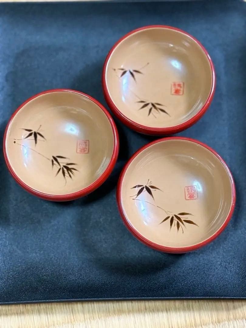 【輪島塗】赤色 漆器 杯 竹模様 10個セット