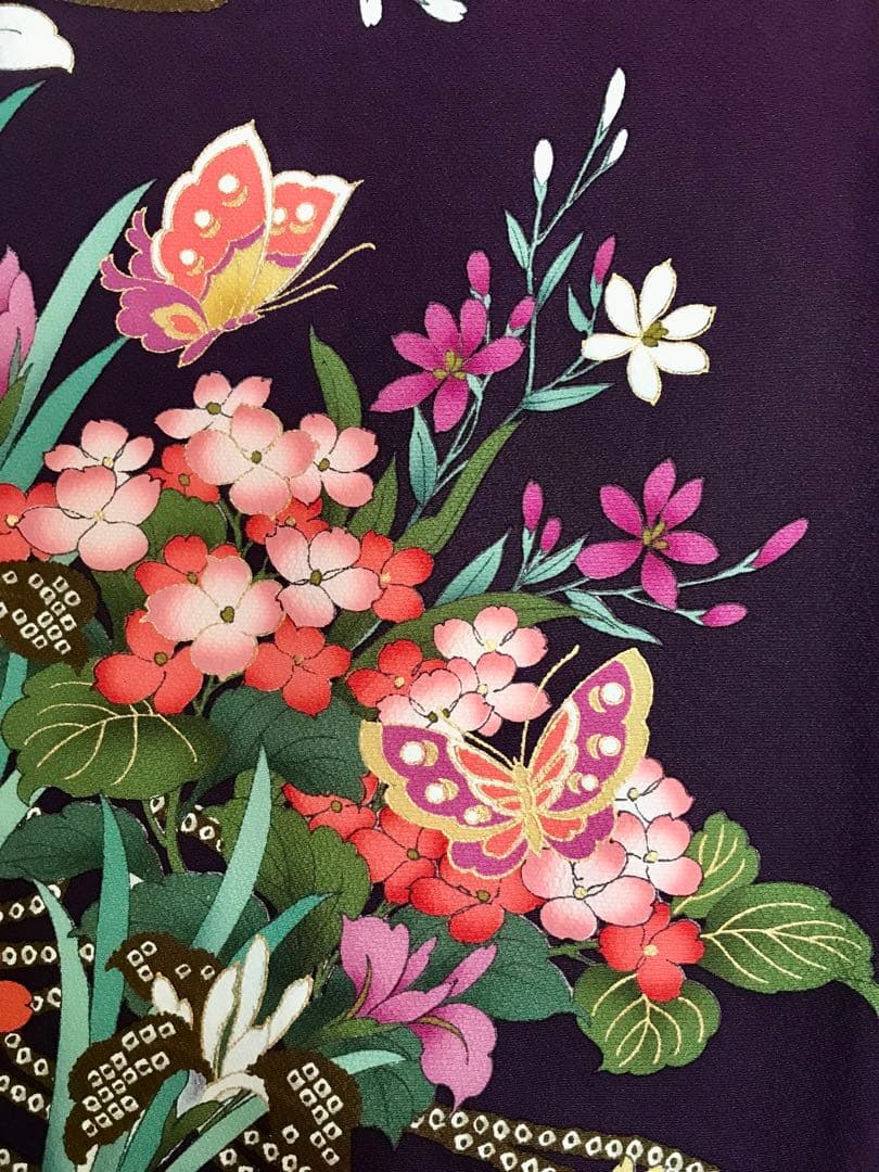 振袖　超美品　正絹　金糸刺繍　濃紫