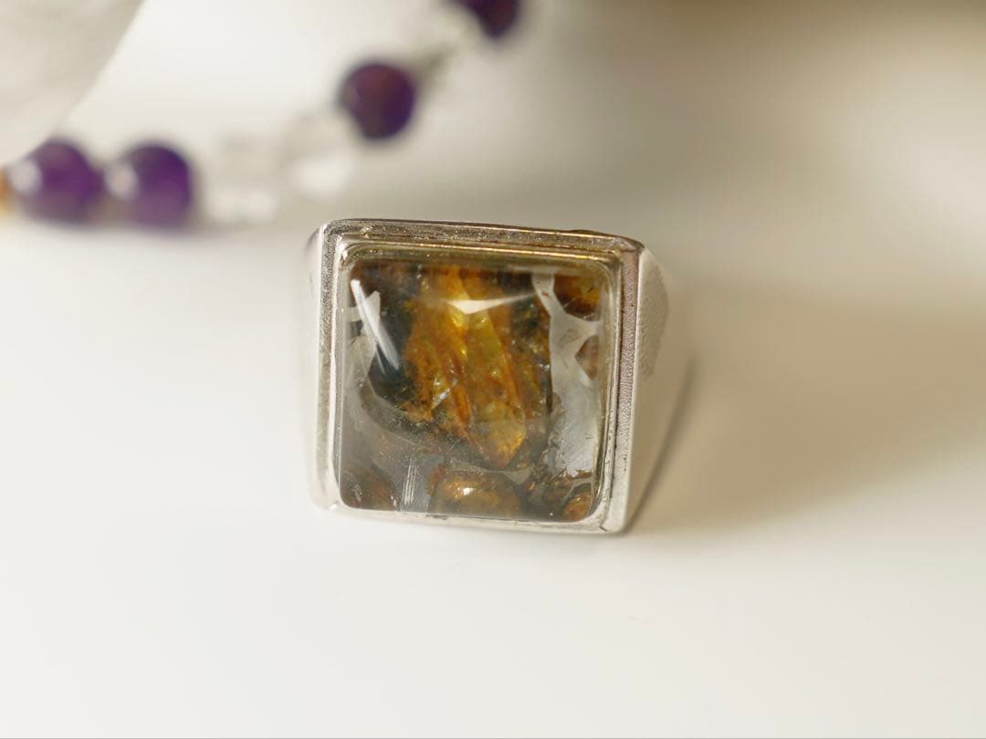 【宇宙の宝石】セリコ パラサイト隕石　S925 四角形　リング（フリーサイズ）