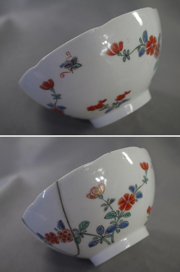 古伊万里　色絵　碗　鉢　柿右衛門手　撫子文　色絵五弁花見込　本錫補修