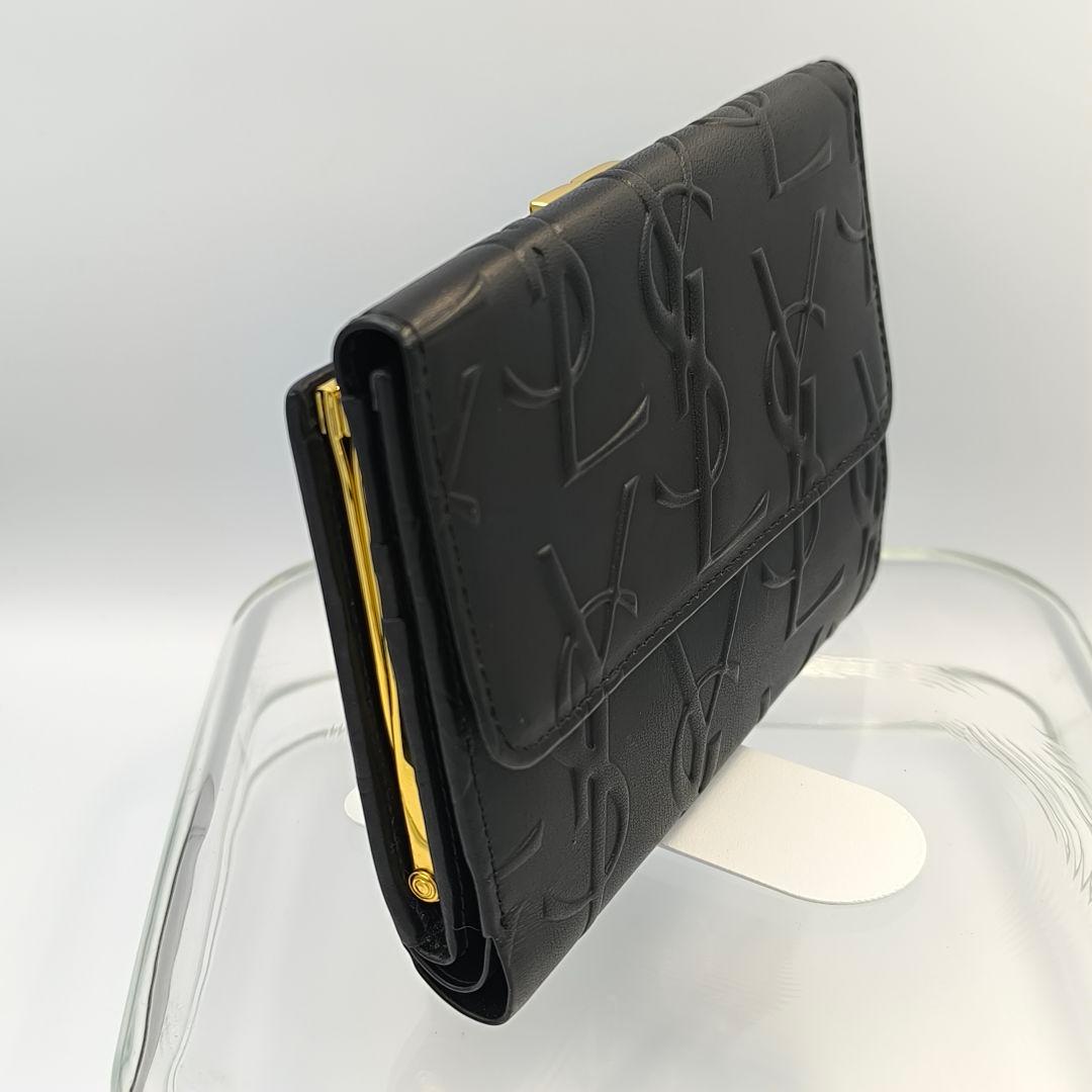 極美品✨Yves Saint Laurent レザー がま口 三つ折り財布 黒