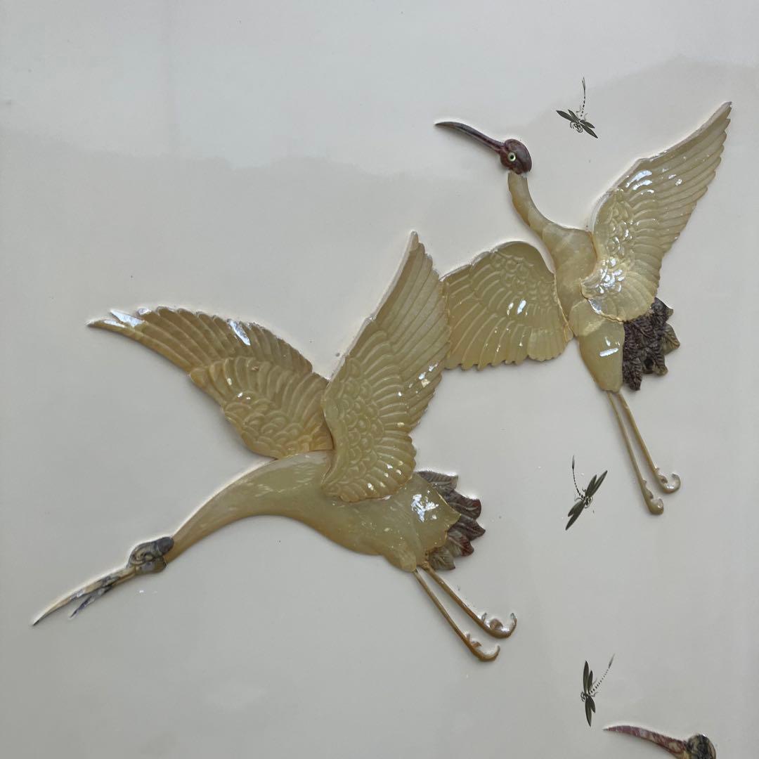 中国骨董 天然石細工 松 鶴 とんぼ 古典画装飾 木製 4連屏風 衝立 間仕切り