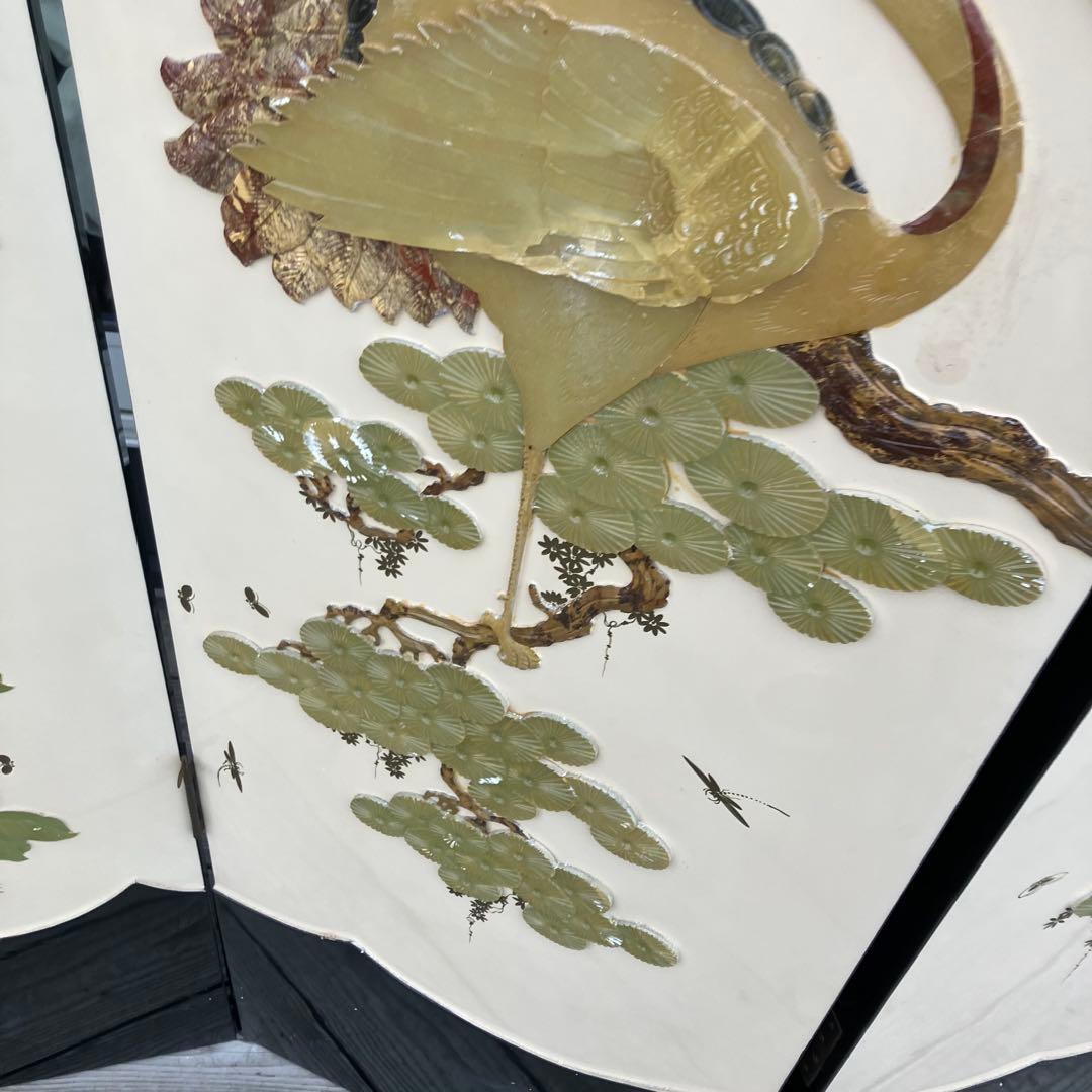 中国骨董 天然石細工 松 鶴 とんぼ 古典画装飾 木製 4連屏風 衝立 間仕切り