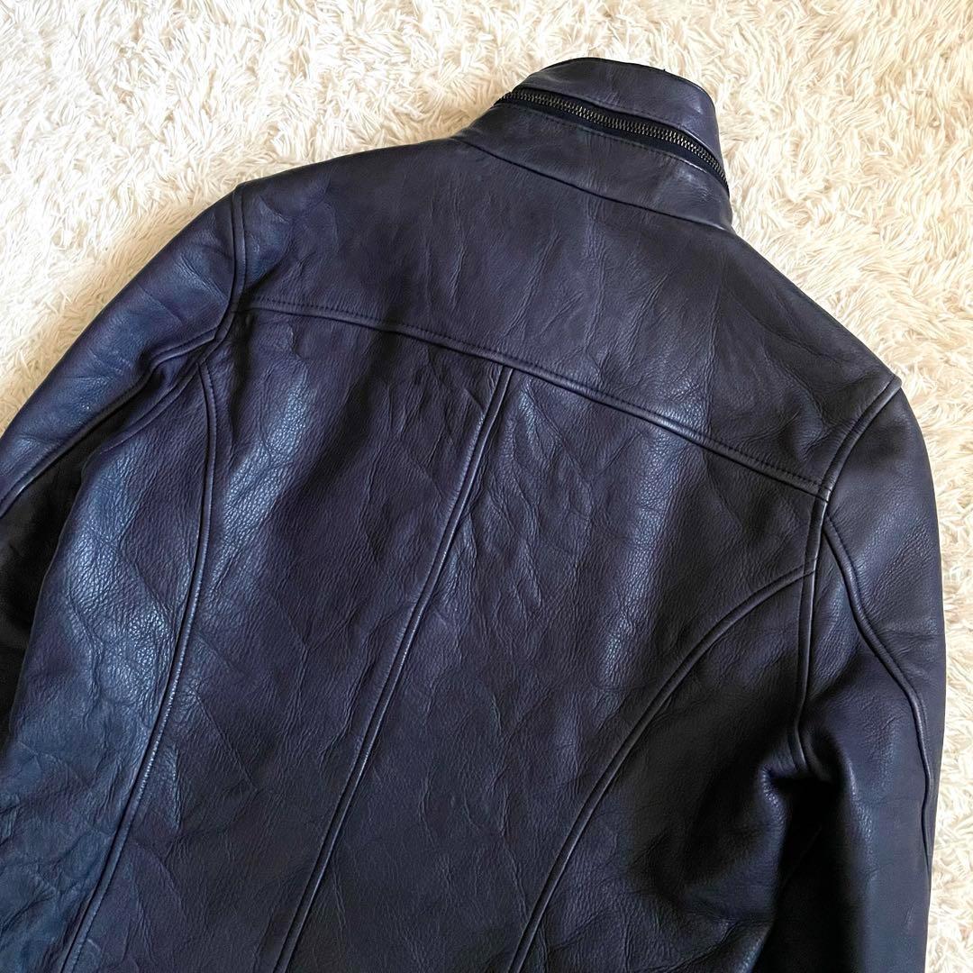 【美品】ジュンハシモト インナーライダースジャケット 牛革 シワ加工 紺 M