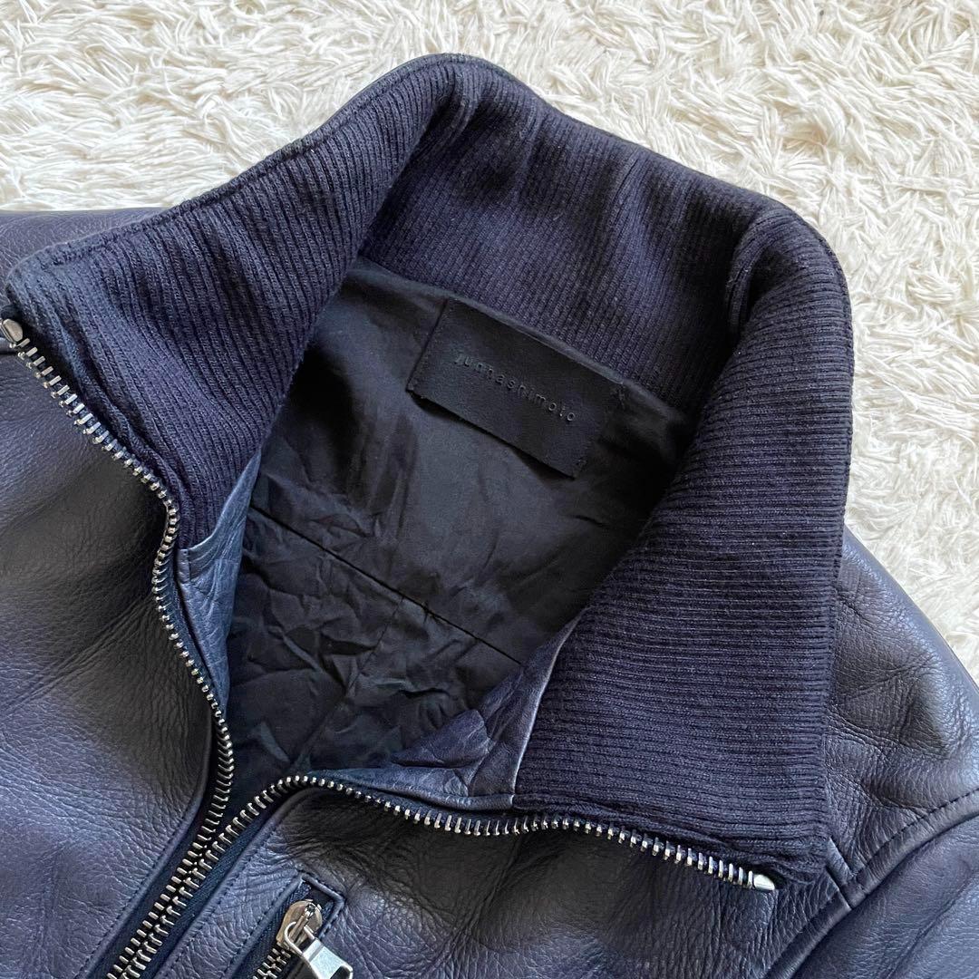 【美品】ジュンハシモト インナーライダースジャケット 牛革 シワ加工 紺 M
