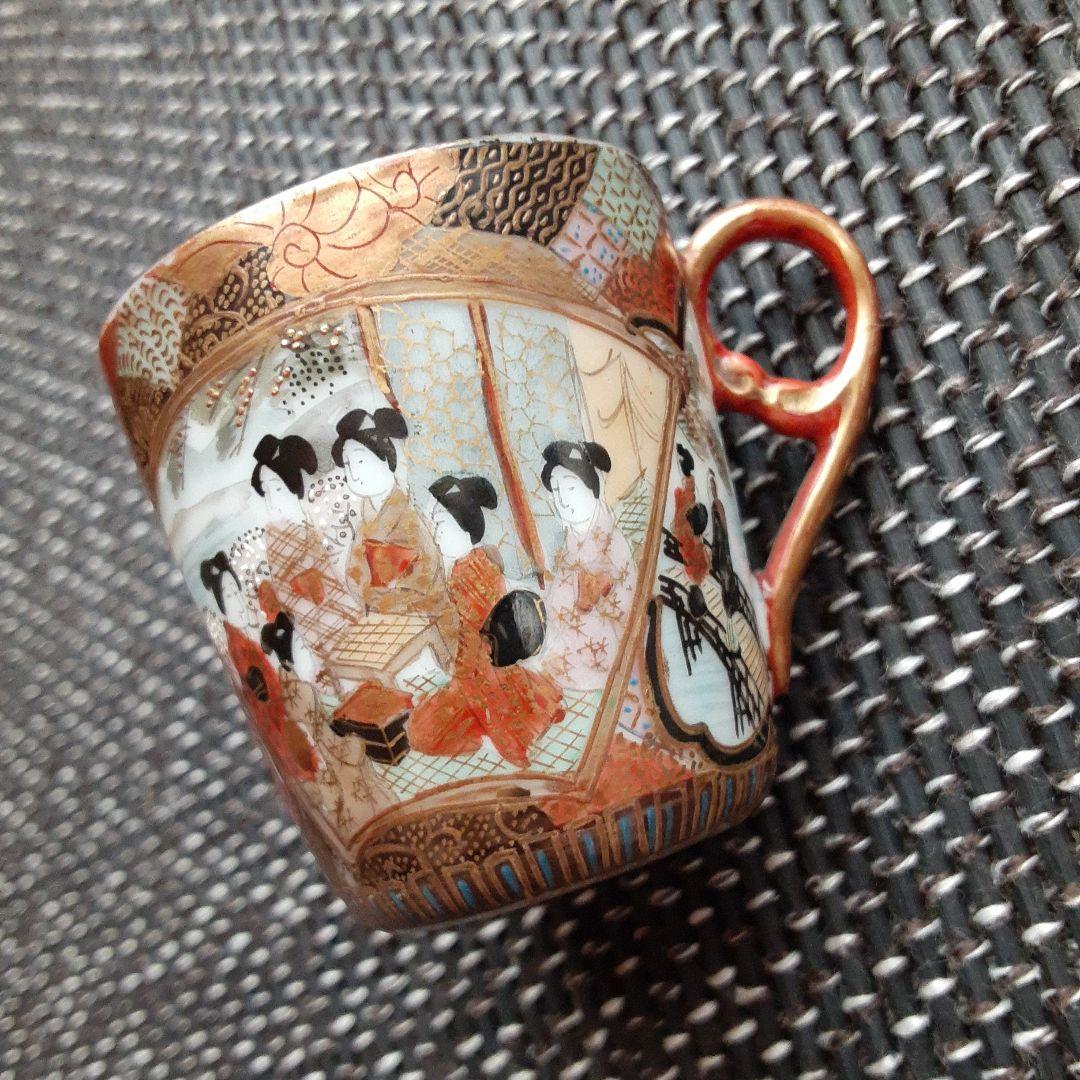 古い卵殻手エッグシェルティーカップ/芸者美人画桜肥蝶山/超絶細密画椀横浜薩摩清水