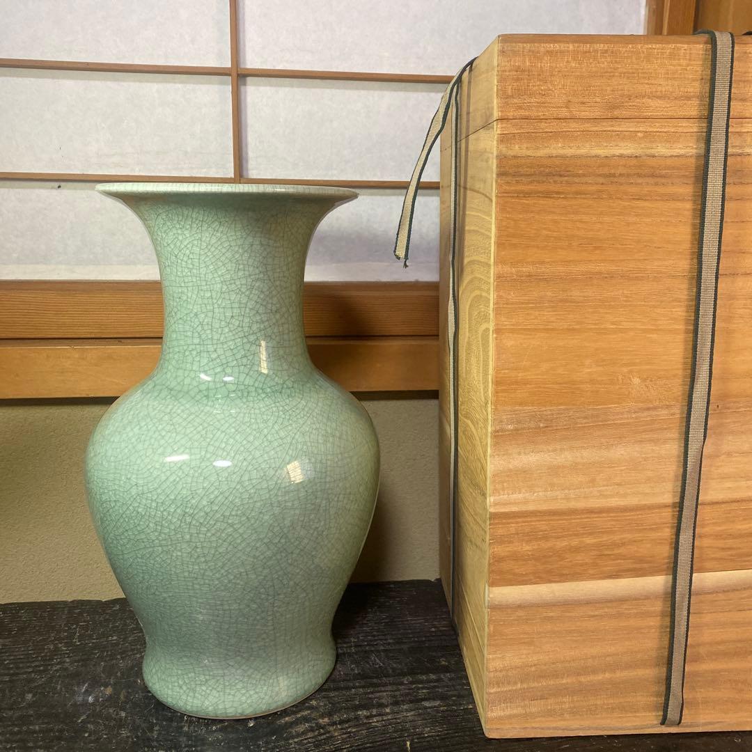 中国　古玩　青磁花瓶　【桐箱付】36cm18cm