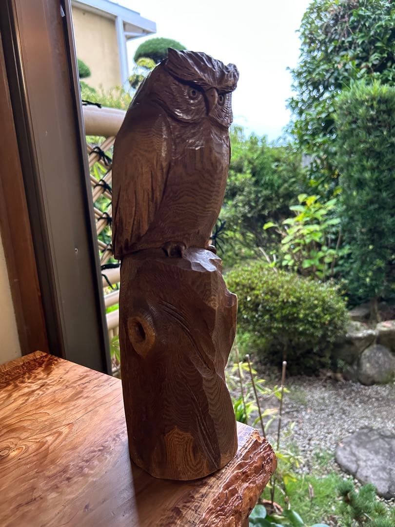 フクロウの木彫彫刻 大場貞義（貞光）作　 【縁起物 希少逸品】送料込み