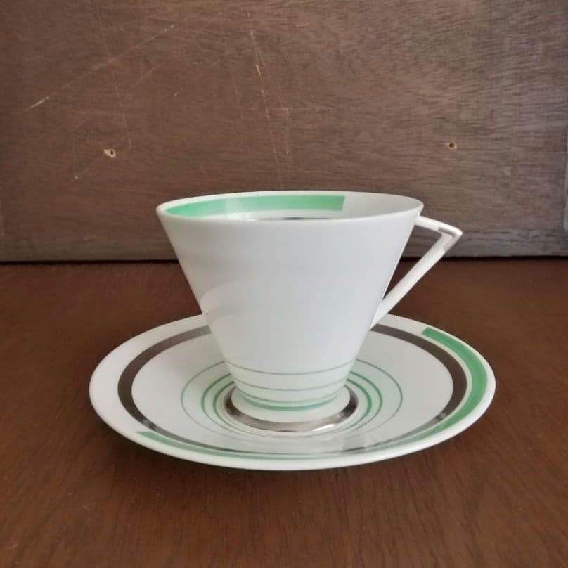 逸品　 シェリー　カッブ＆ソーサー　アールデコ　銀彩幾何学模様アンティーク