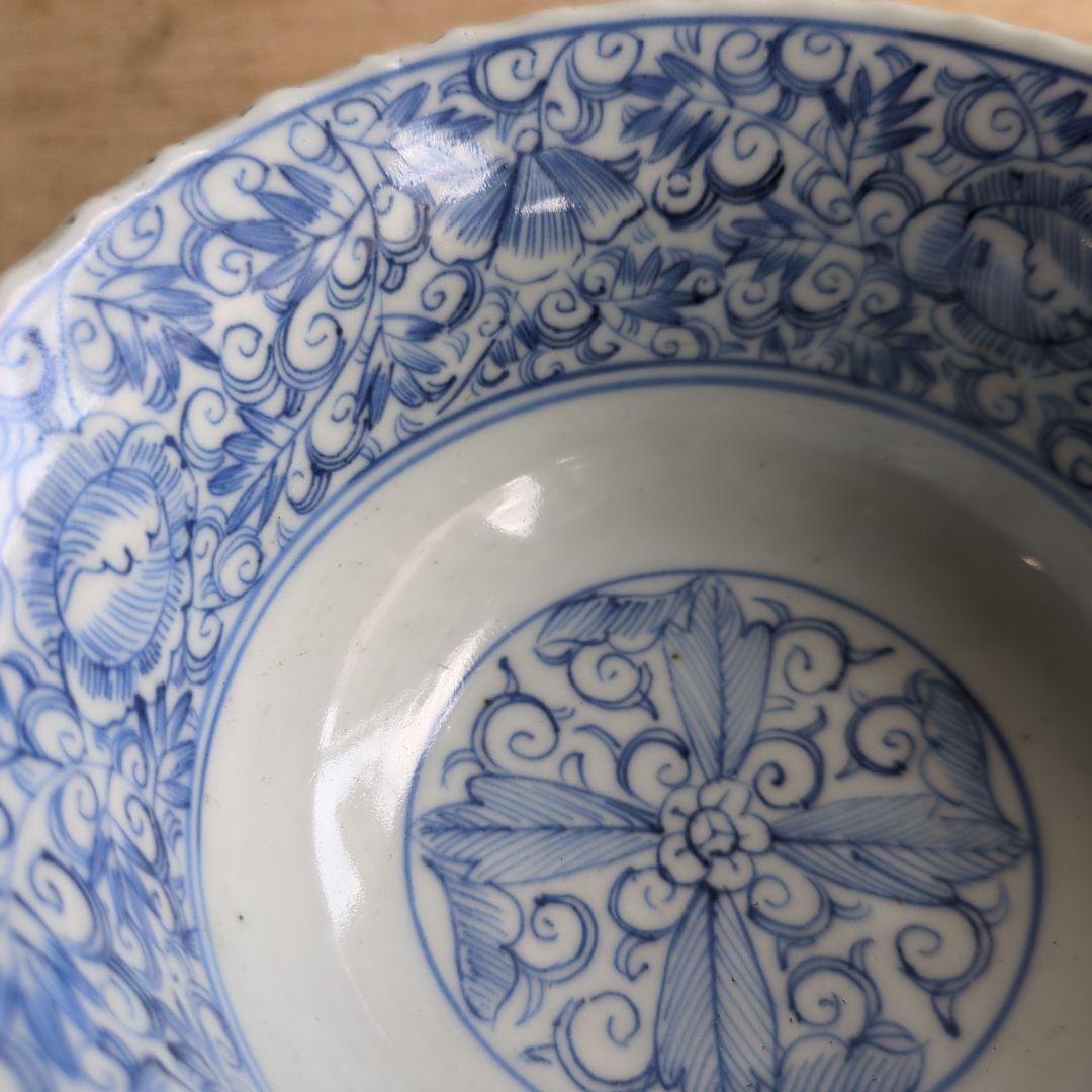 骨董 古伊万里 盃洗 線描き 染め付け 器 物入れ 花唐草 鉢 菓子器