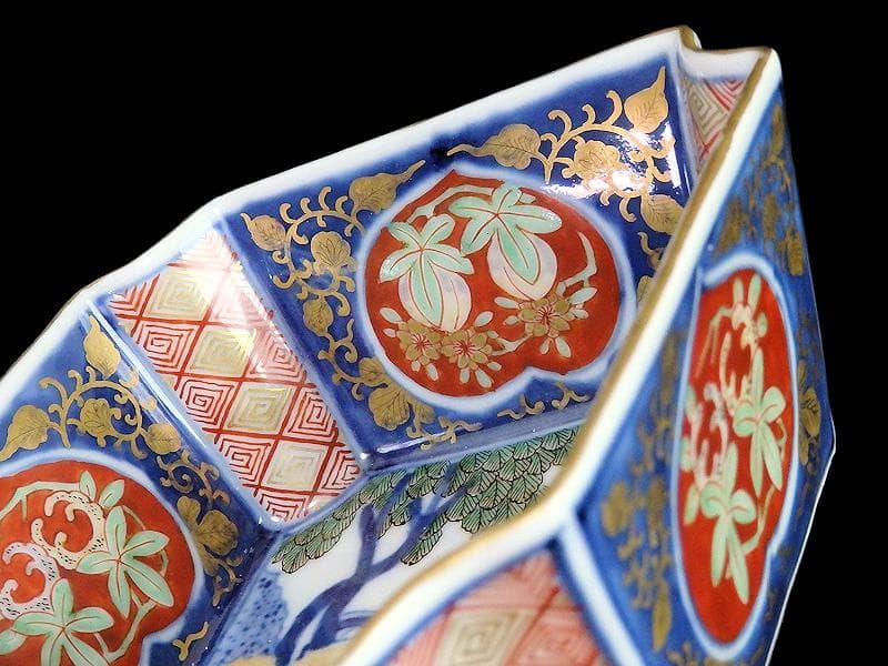 大聖寺伊万里　金襴手　桃に柘榴　大樹に欄干の図　四方角向付　E101AS-CQi