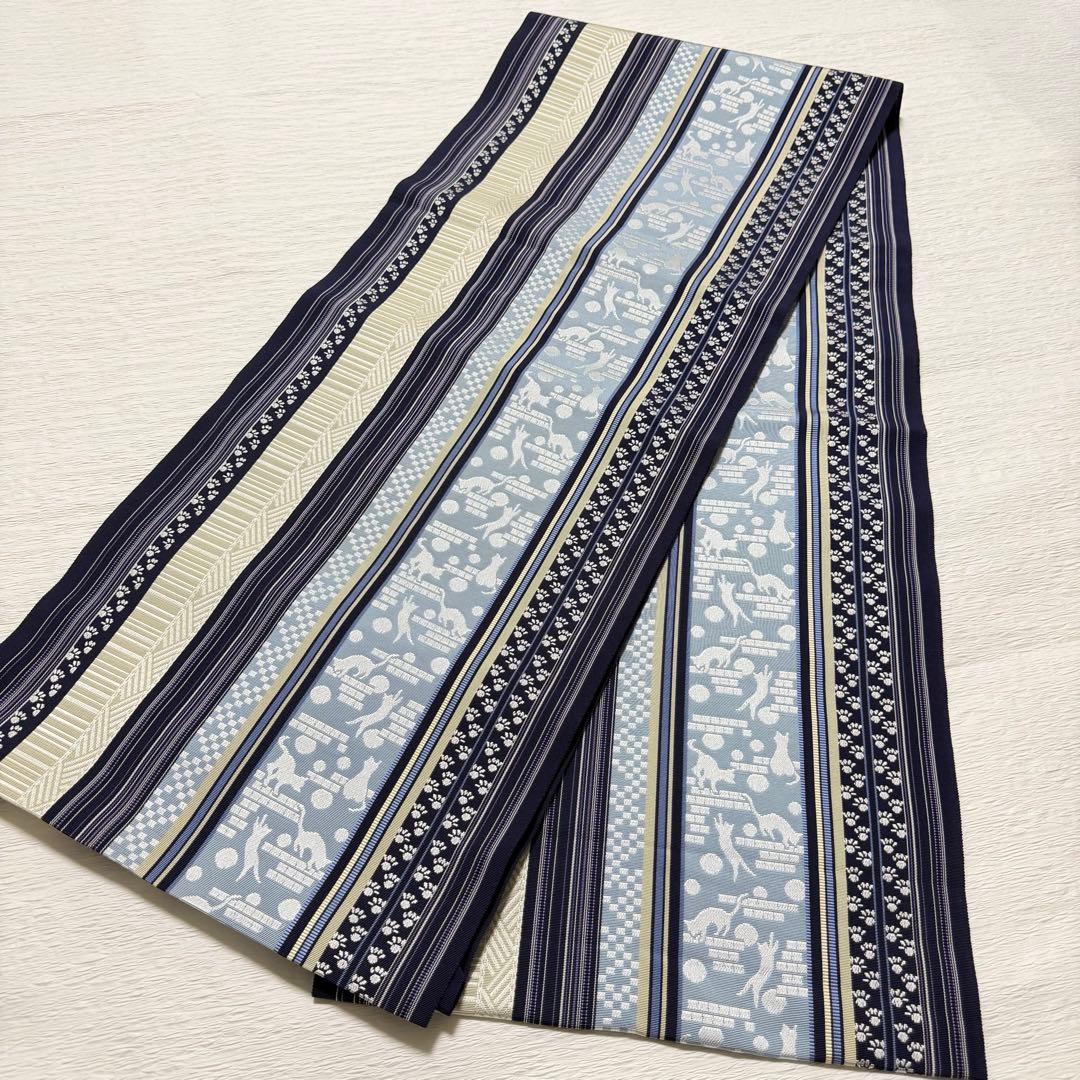 m-45 本場筑前博多織 黒木織物 猫 足跡 名古屋帯 正絹 未使用極美品