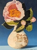 【真作】絵画　安倍英夫　油彩SM　寒椿　静物画　白陶花瓶に椿　X4