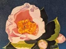 【真作】絵画　安倍英夫　油彩SM　寒椿　静物画　白陶花瓶に椿　X4