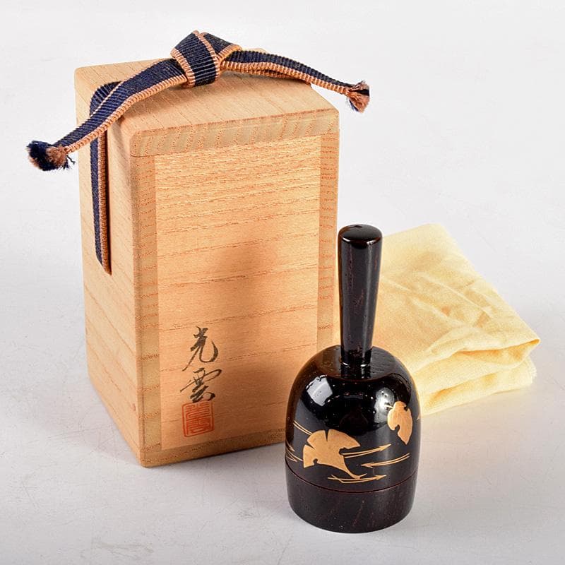 茶道具　光雲造　黒漆　金蒔絵鶴文　砧香合　紫野松長剛山極め箱　M　R5031