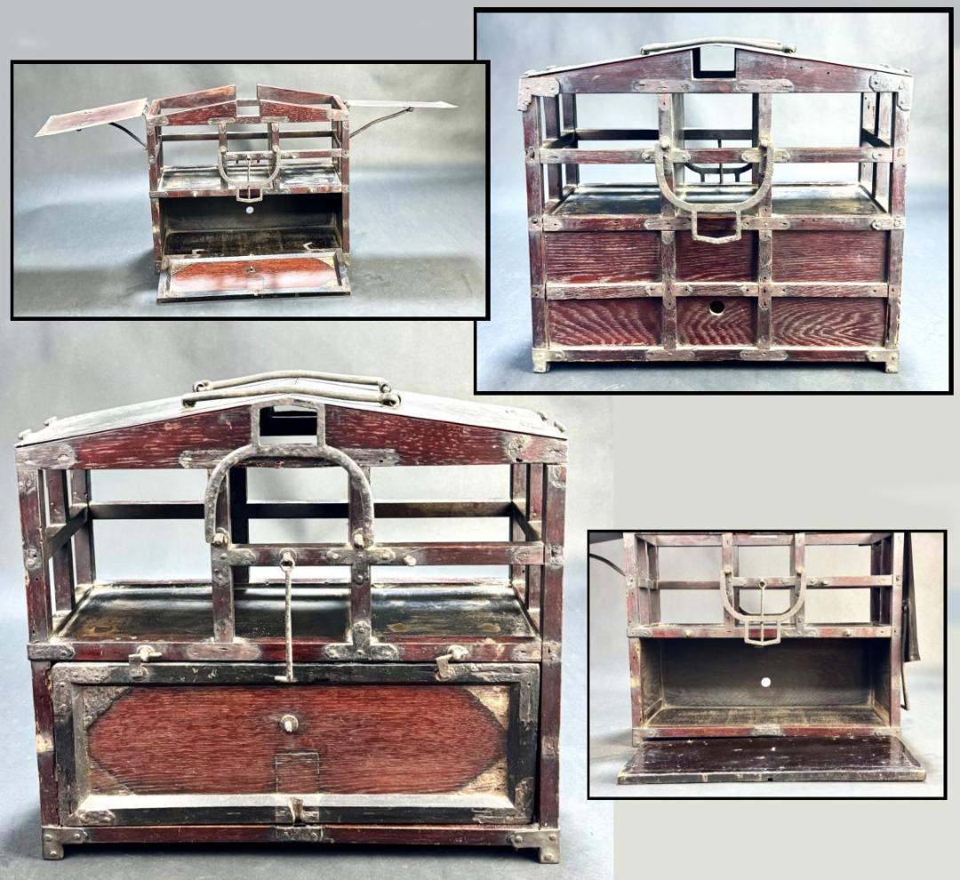 江戸時代 岡持ち 木製二段式野弁当箱 担ぎ式 茶道具 遊山箱 唐木WWWT028