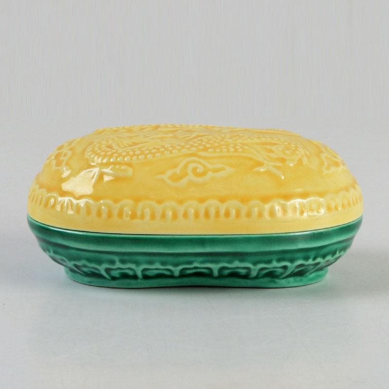 茶道具　粟田焼　岡田佳山作　黄交趾小判龍　香合　共箱　V　9523