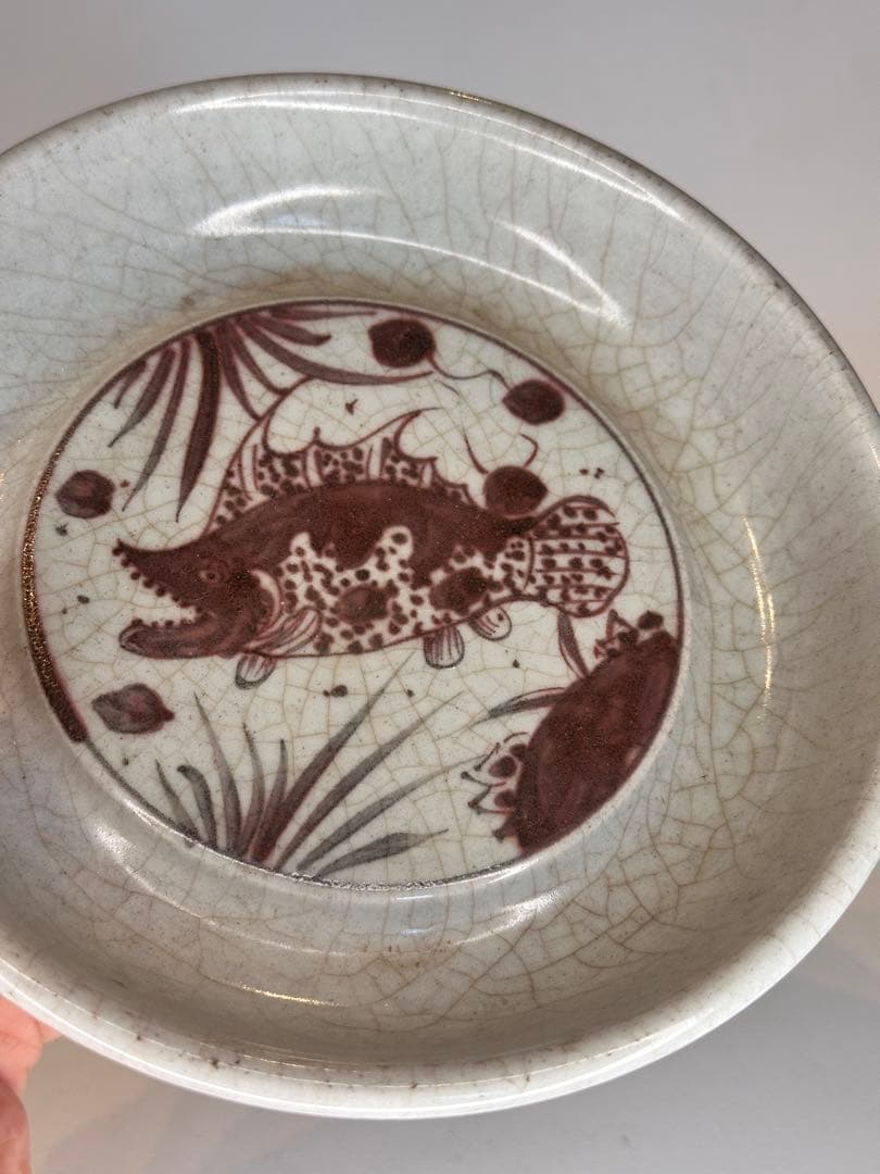 明代　釉裏紅　魚文　「天」字底款　時代物　胎厚　盤　筆洗　古陶磁