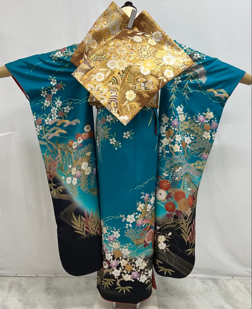 振り袖　フルセット　長襦袢付　金彩加工　刺繍入り　成人式　襟裏、右肩難あり631