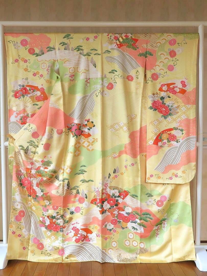 5200 振袖フルセット　正絹黄イエロー　成人式結婚式卒業式 古典御所車