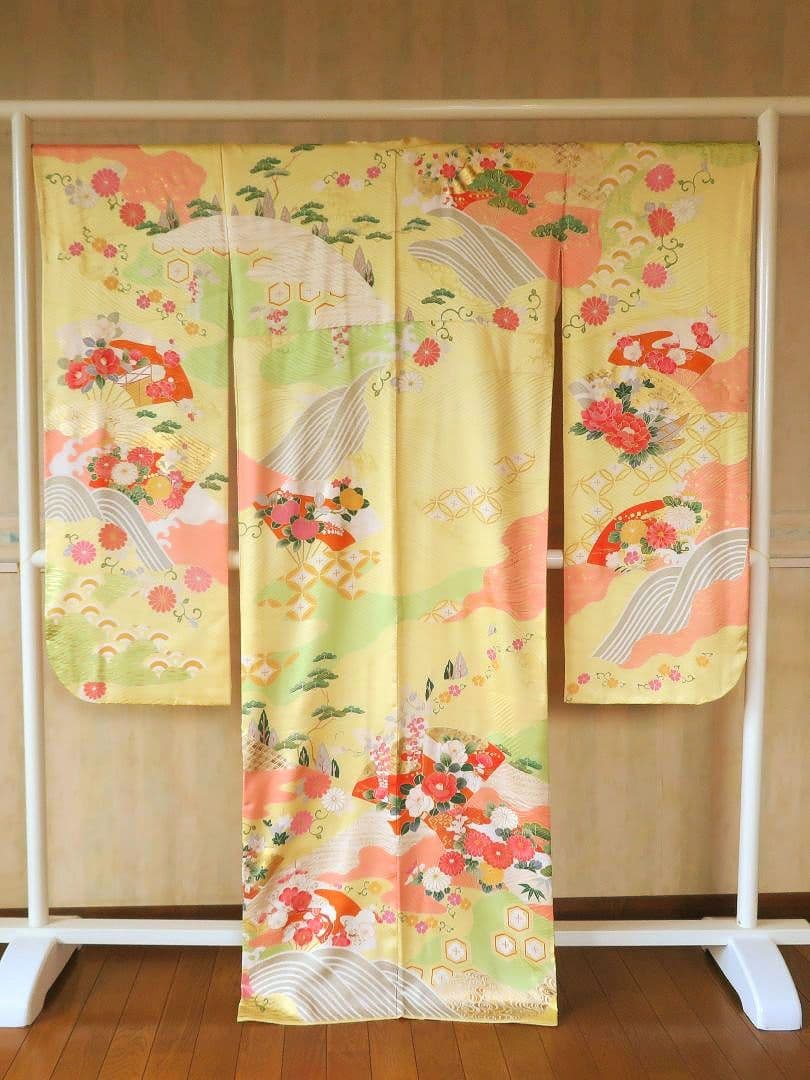 5200 振袖フルセット　正絹黄イエロー　成人式結婚式卒業式 古典御所車