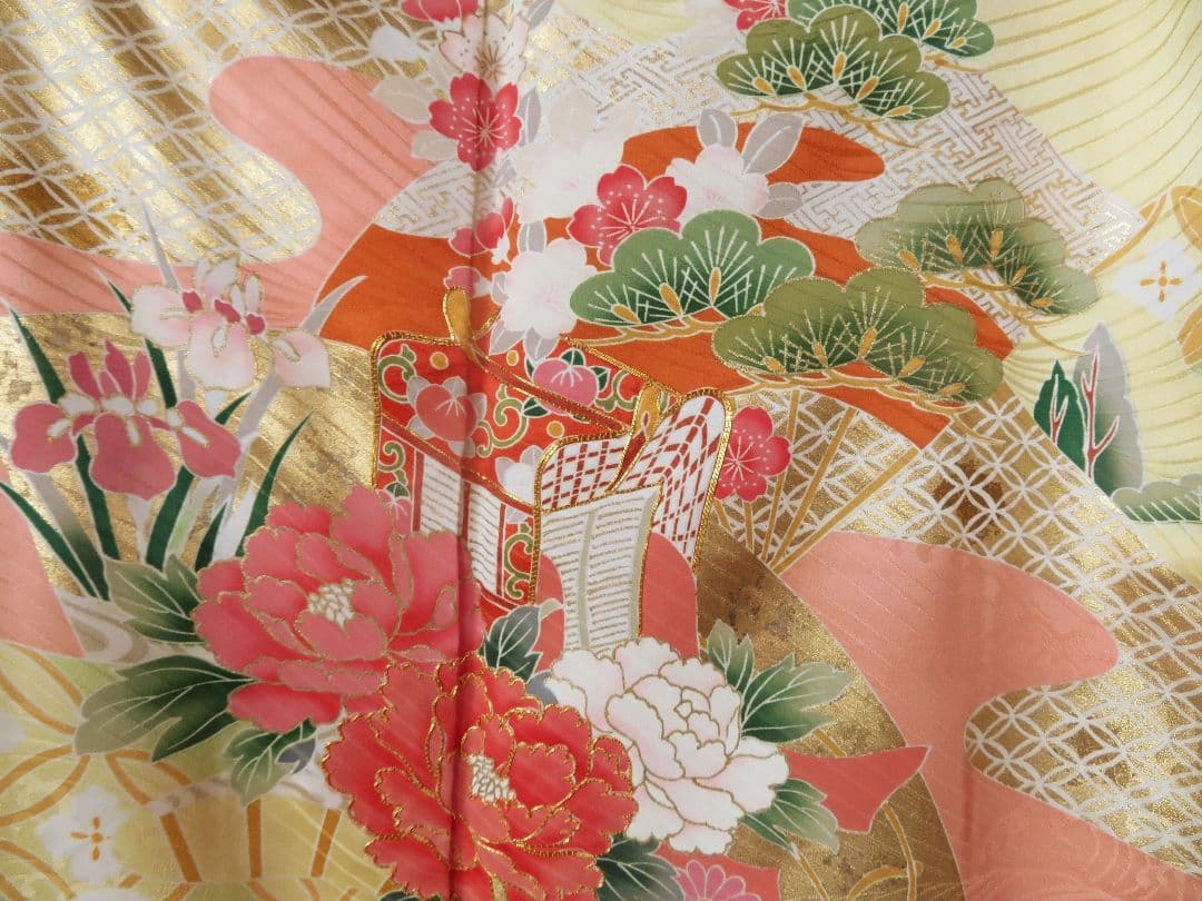 5200 振袖フルセット　正絹黄イエロー　成人式結婚式卒業式 古典御所車