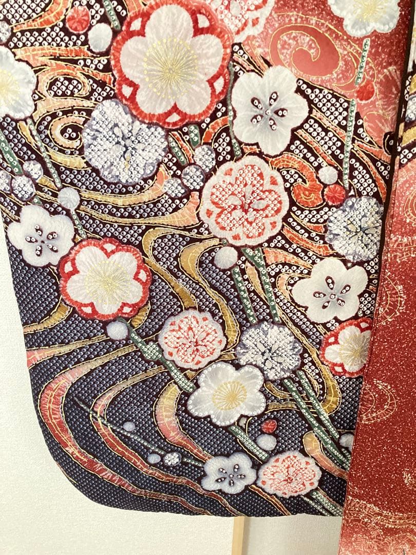 m*9様 美しい　振袖　着物　赤　鳳凰　絞り　15枚目の帯、緑帯締め帯揚げ、襟、
