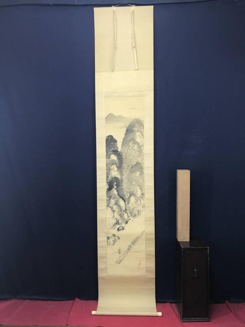 【真作】矢沢弦月/嵐峡筏下り図/山水図/嵐山図/掛軸/名家伝来/AC-52