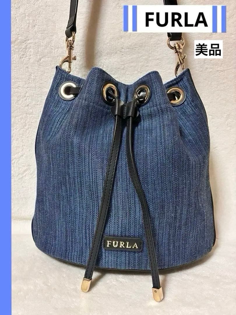 FURLA フルラ　ショルダーバッグ デニム インディゴブルー 巾着　保管袋付き